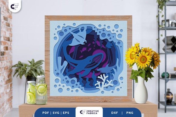 3D SVG Ocean Art for Summer Branding: Humpback Whale and Stingray Paper Cut Design